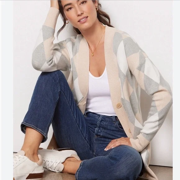 Evereve Pippa Argyle Cream Tan Cardigan - Picture 7 of 7